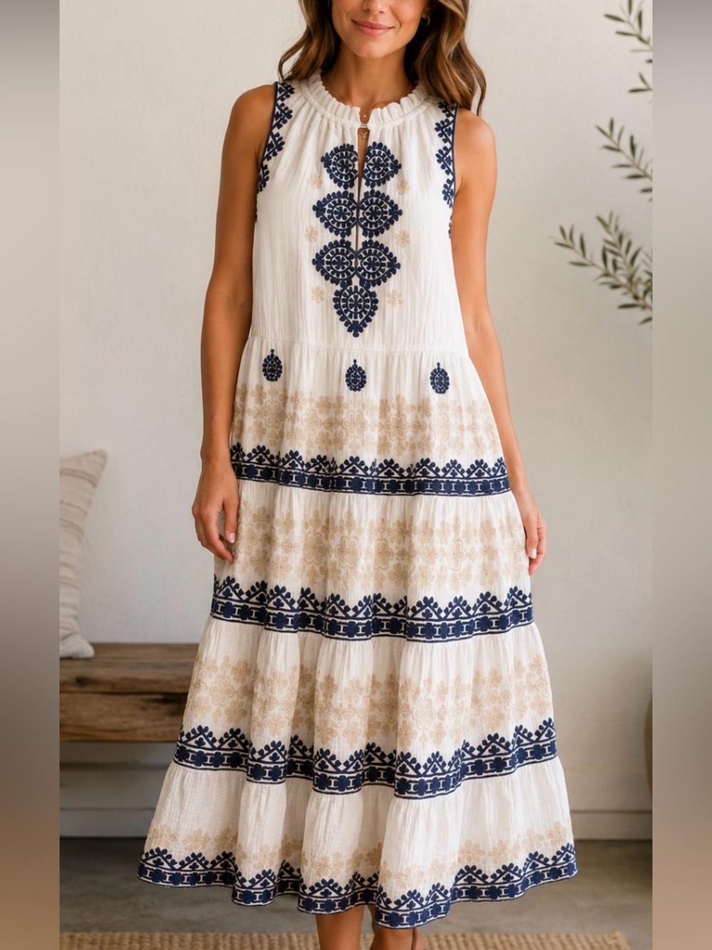 FIGUE Sleeveless White Maxi Dress with Navy & Beige Embroidery
